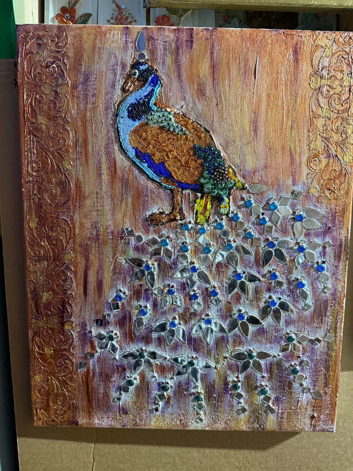Beaded Peacock & Floral Wall Art – Handmade Decorative Panel