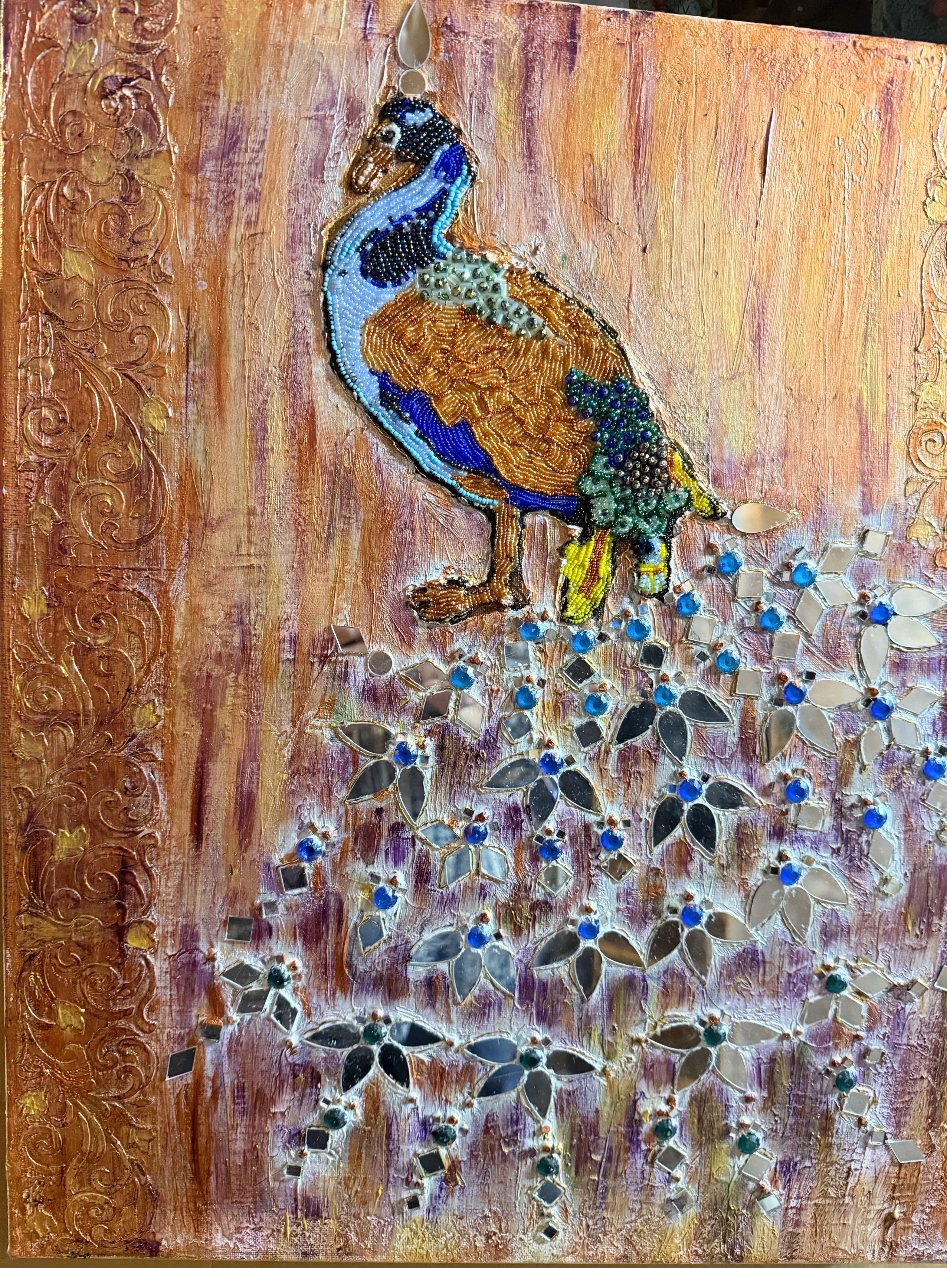 Beaded Peacock & Floral Wall Art – Handmade Decorative Panel